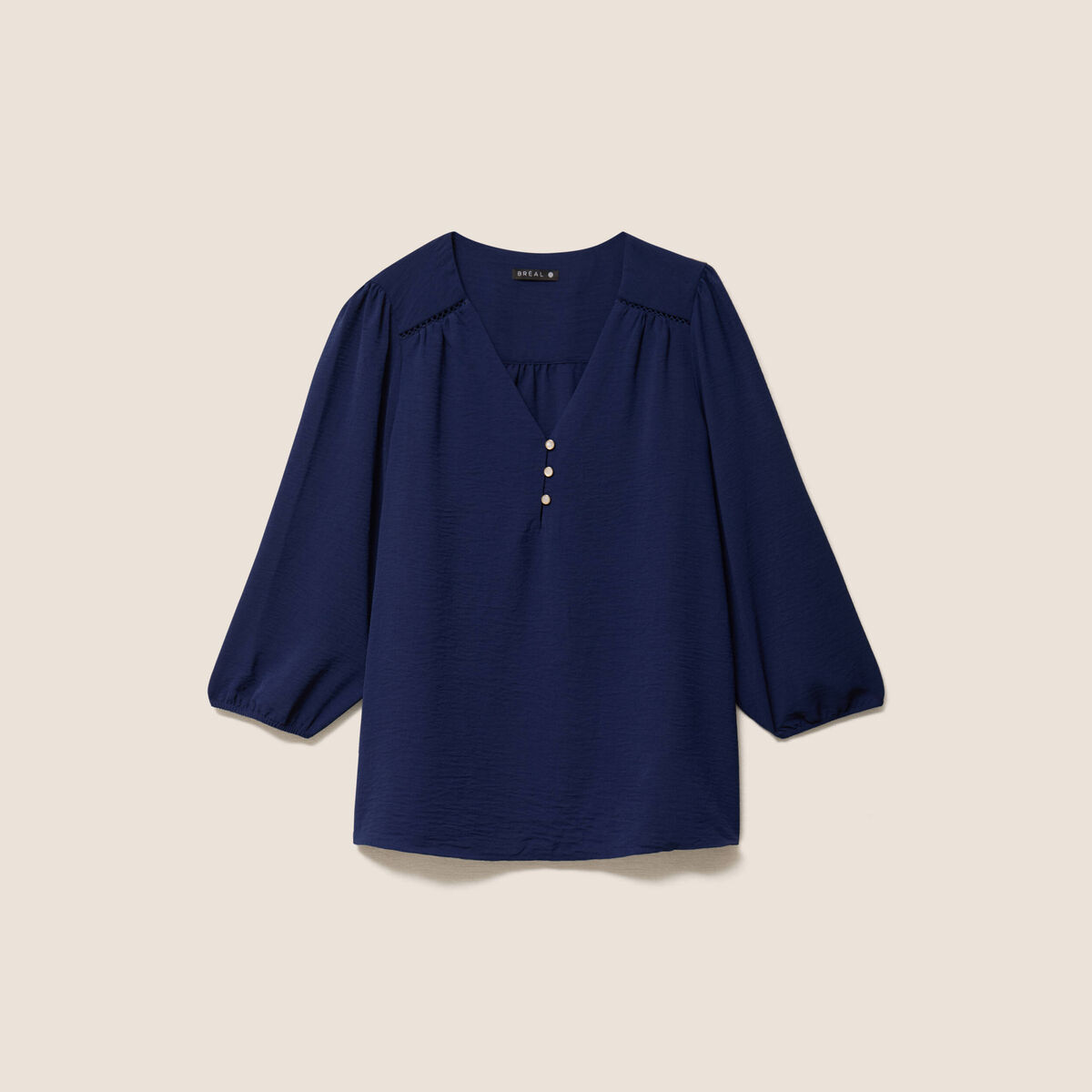 Blouse col v manches 3/4 fluide bleu marine femme