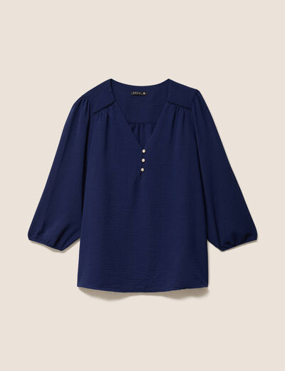 Blouse col v manches 3/4 fluide bleu marine femme