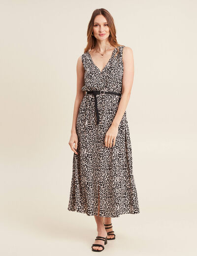 Robe midi évasée ceinturée rose pastel femme