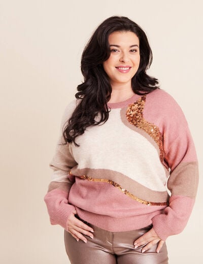 Pull col rond manches longues &agrave; sequins taupe femme