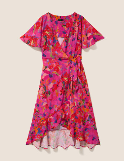 Robe courte &eacute;vas&eacute;e col v manches courtes rose femme