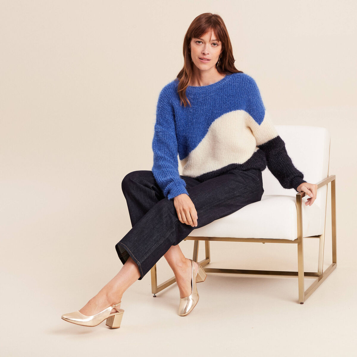 Pull col rond manches longues ecru femme