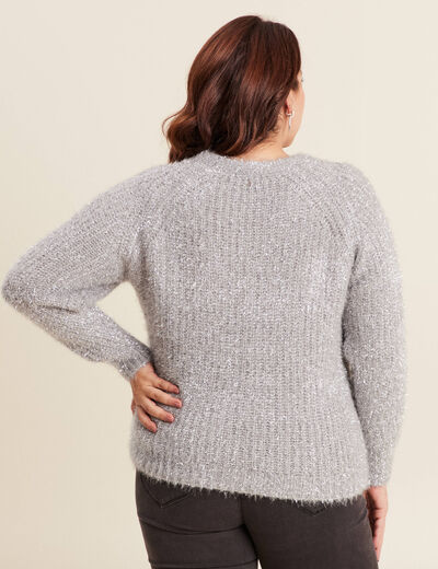 Pull manches longues col en V gris argent femme