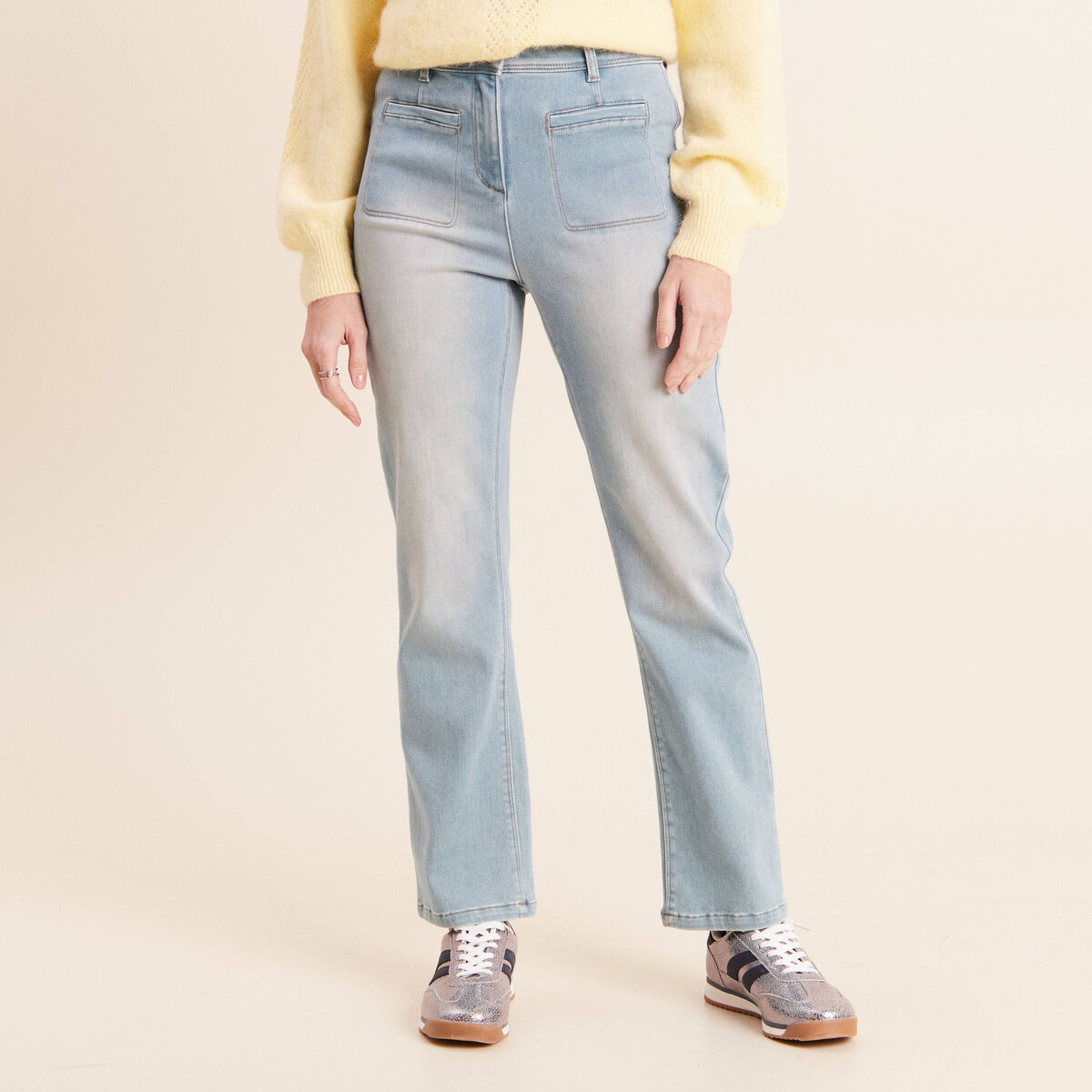 Jean droit taille haute 7/8&egrave;me denim double stone femme