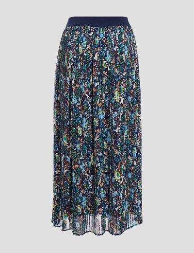 Jupe longue droite plissée bleu marine femme