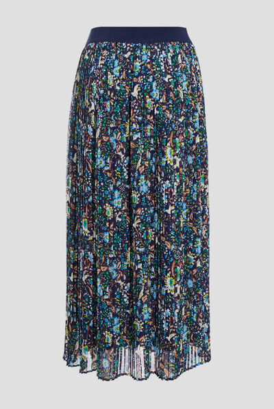 Jupe longue droite plissée bleu marine femme