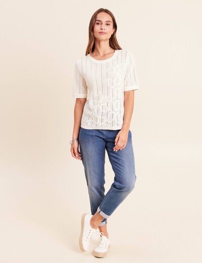 Pull ajour&eacute; col rond ecru femme