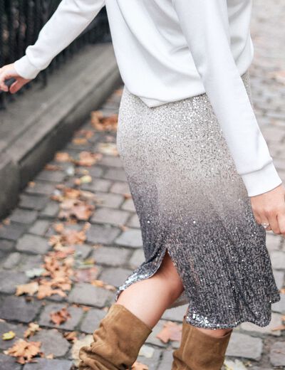 Jupe longue ajustée sequins gris argent femme