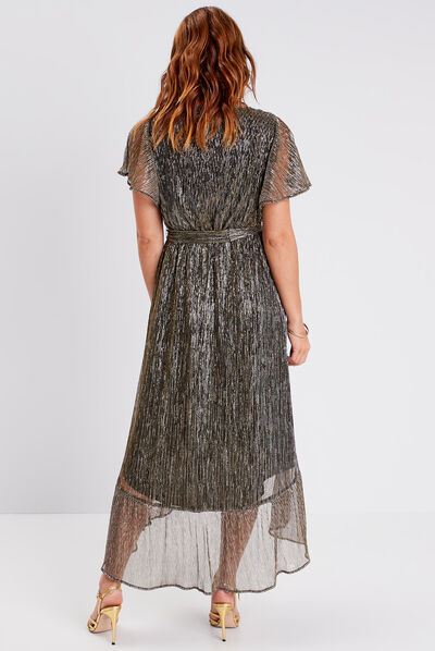 Robe longue droite ceinturée couleur or femme