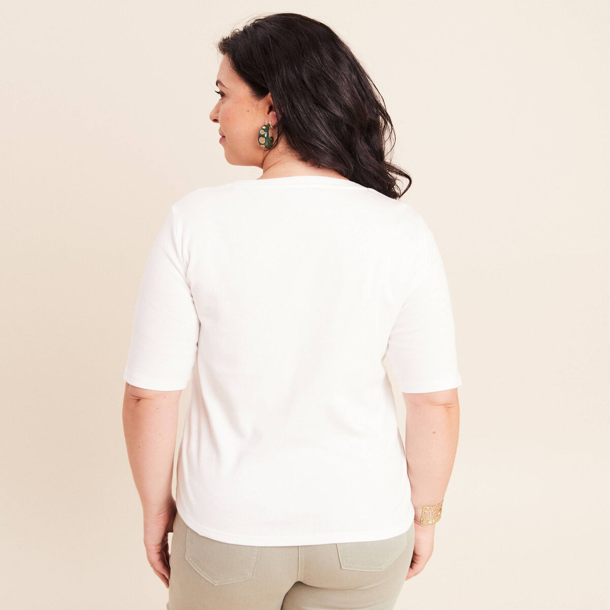 T-shirt ajust&eacute; col rond manches coudes ecru femme