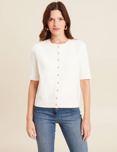 gilet droit court sans manches col rond ecru femme