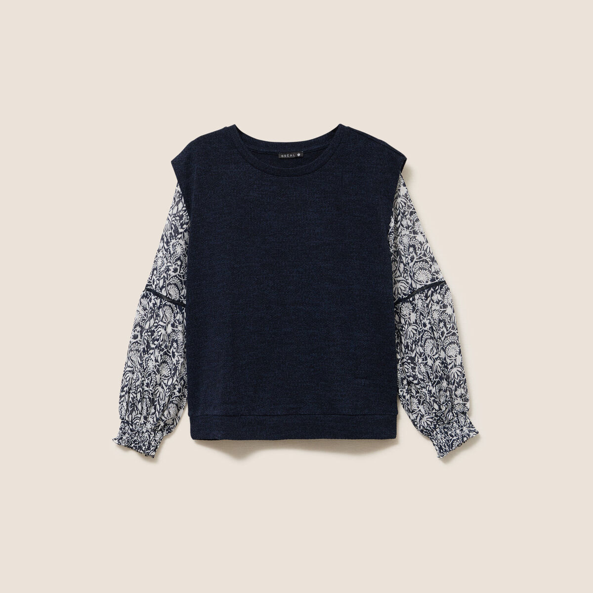 T-shirt col rond manches longues bleu femme
