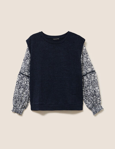 T-shirt col rond manches longues bleu femme