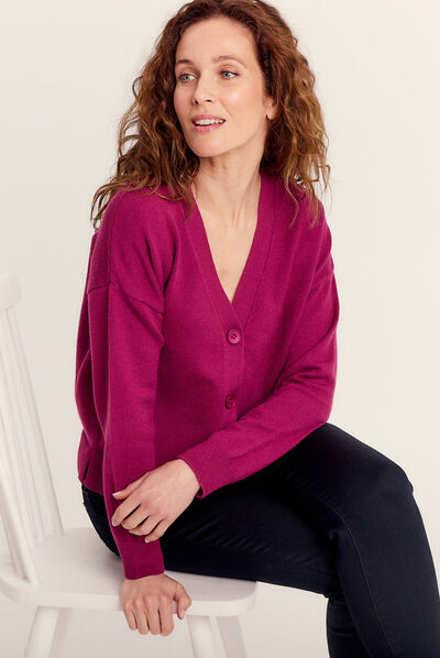 Gilet manches longues col en V rose fushia femme