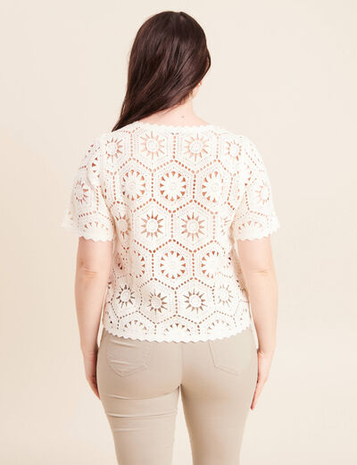 Pull col rond manches courtes dentelle ecru femme