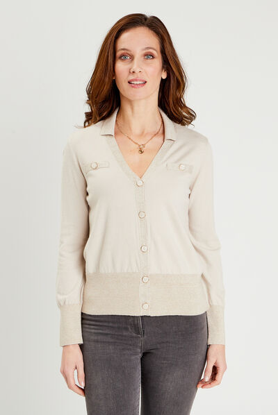 Gilet manches longues boutonné creme femme