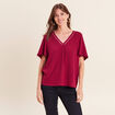 T-shirt bi-mati&egrave;re manches courtes rouge fonc&eacute; femme