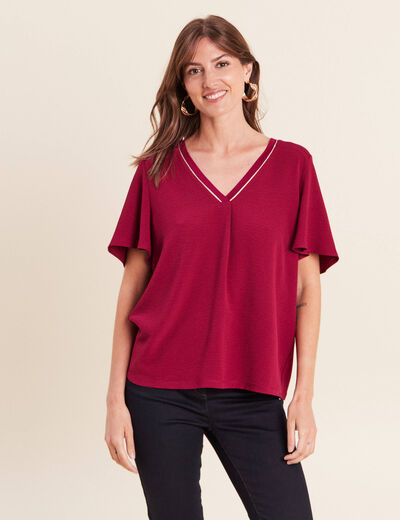 T-shirt bi-mati&egrave;re manches courtes rouge fonc&eacute; femme