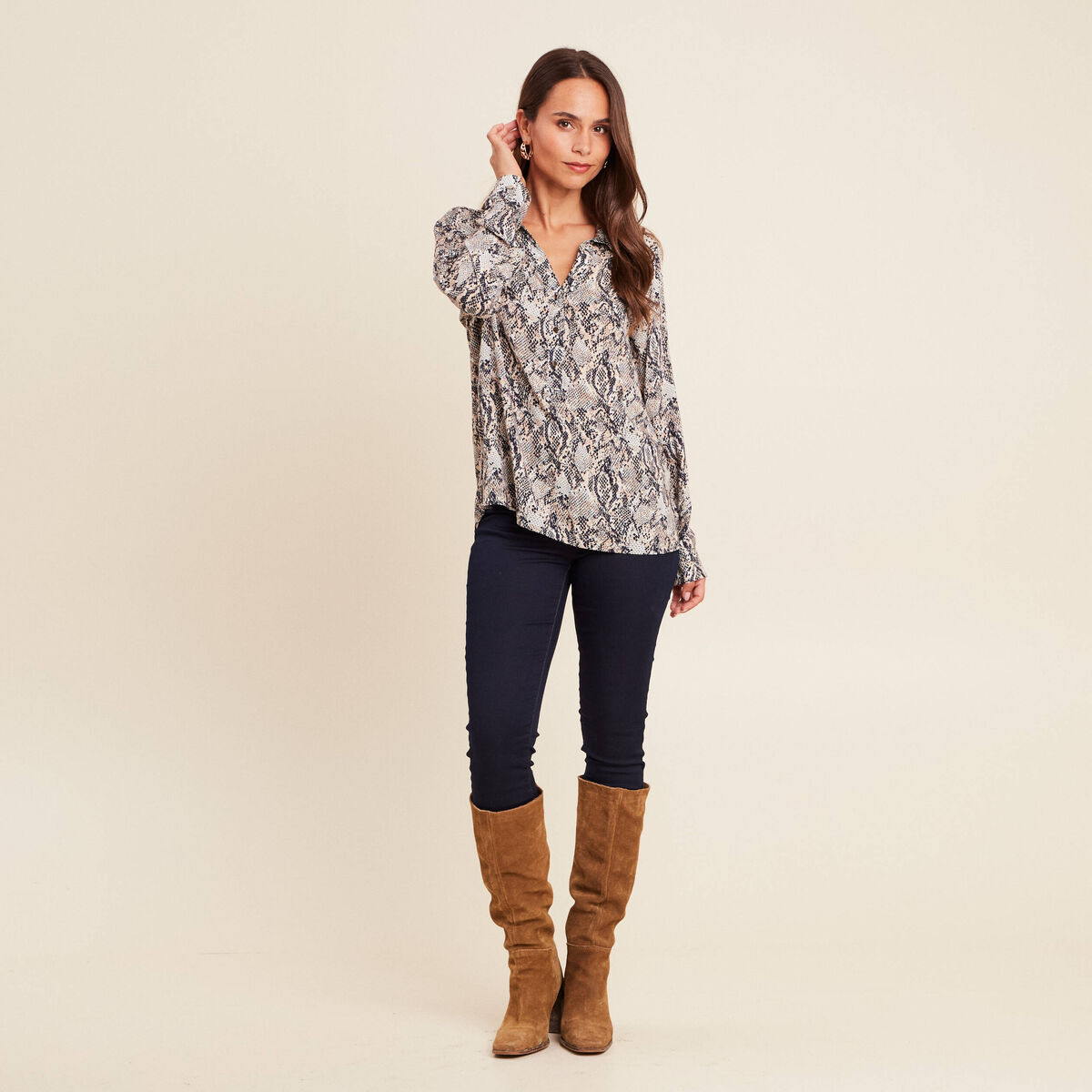 Blouse fluide manches longues beige femme