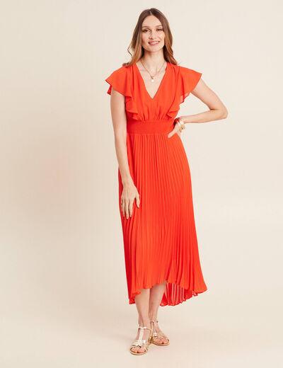 Robe longue évasée à volants orange foncé femme