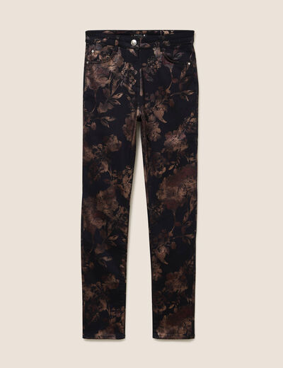 Pantalon ajust&eacute; taille haute denim noir enduit femme