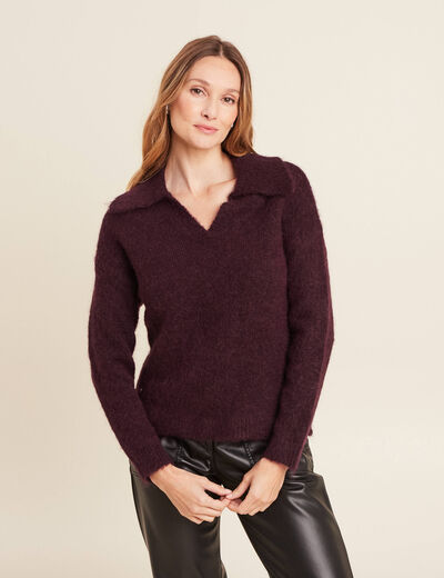 Pull manches longues col polo bordeaux femme