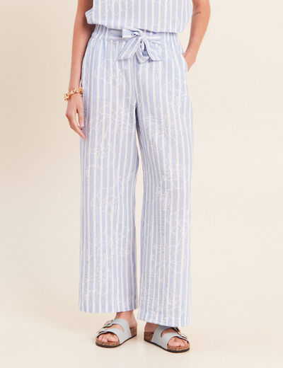 Pantalon large taille haute bleu femme