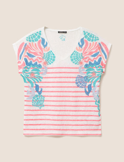 T-shirt col v manches courtes strass ecru femme
