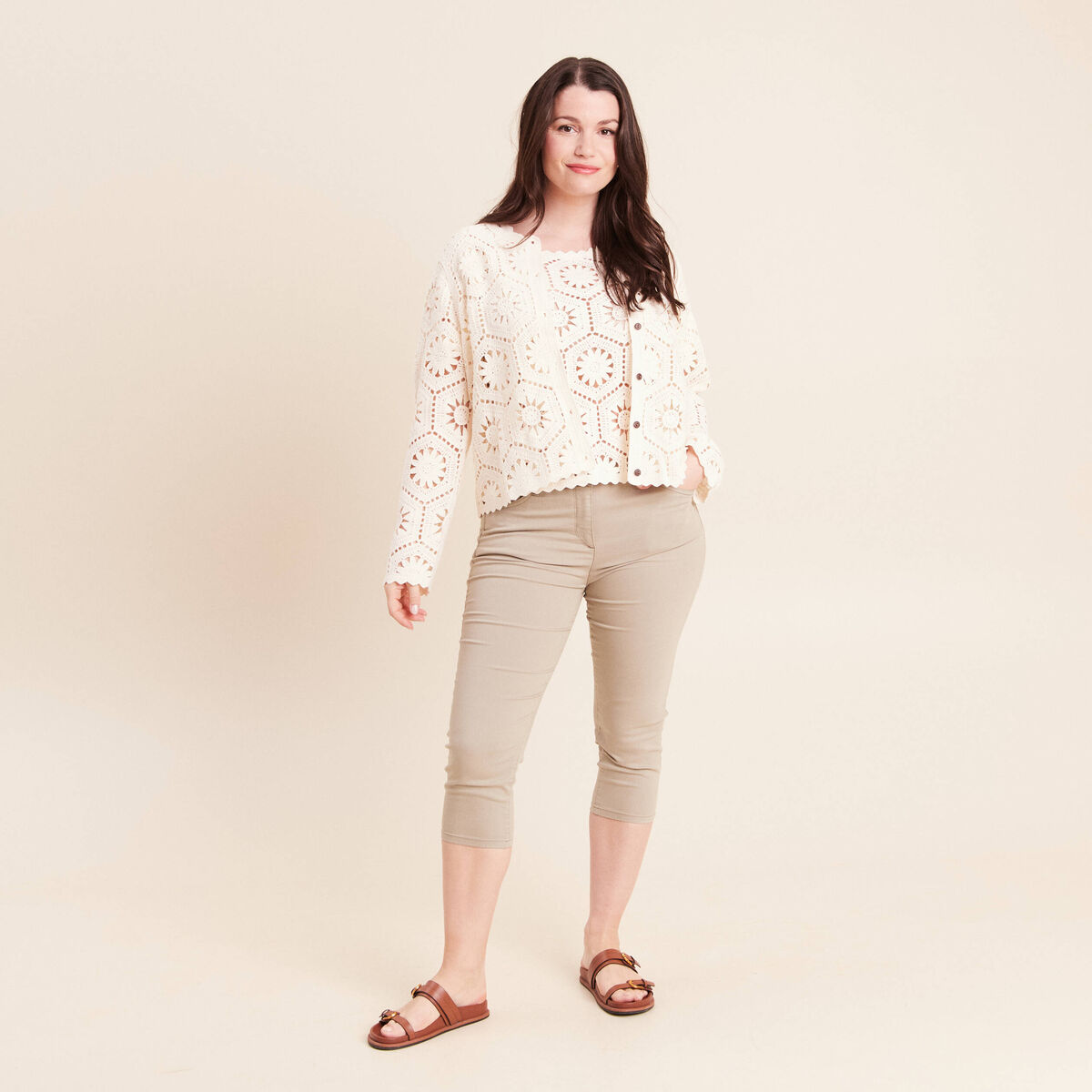 Pull col rond manches courtes dentelle ecru femme