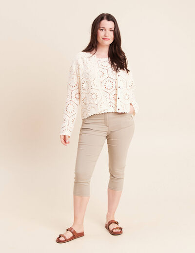 Pull col rond manches courtes dentelle ecru femme