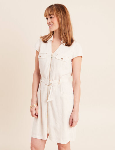 Robe droite courte col chemise beige femme