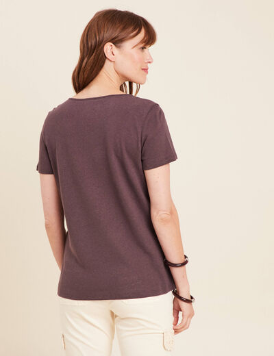 T-shirt manches courtes col en V marron foncé femme