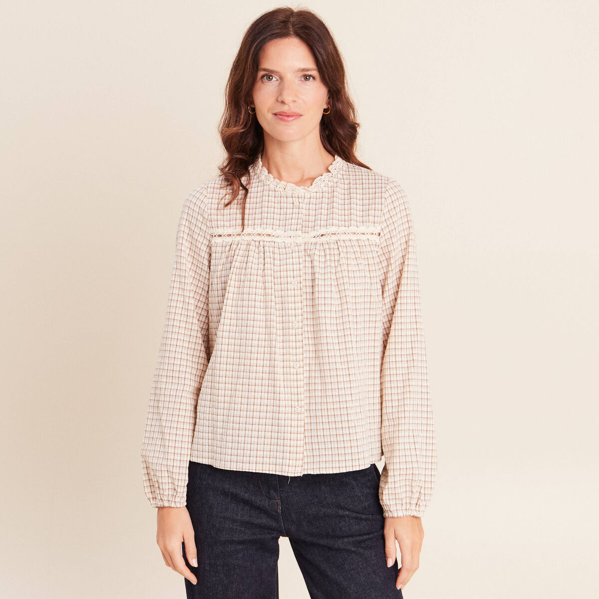 Chemise vichy manches longues col rond marron femme