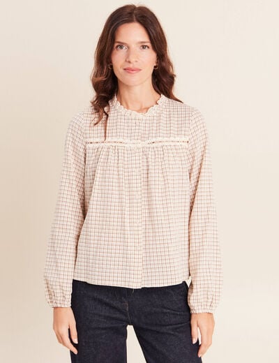 Chemise vichy manches longues col rond marron femme