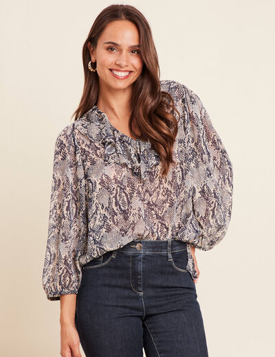 Blouse ample col v en voile manches 3/4 beige femme