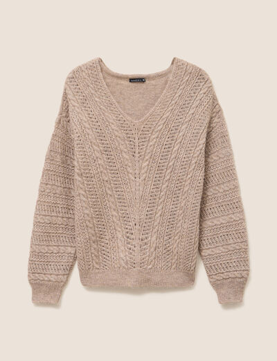Pull col V manches longues taupe femme