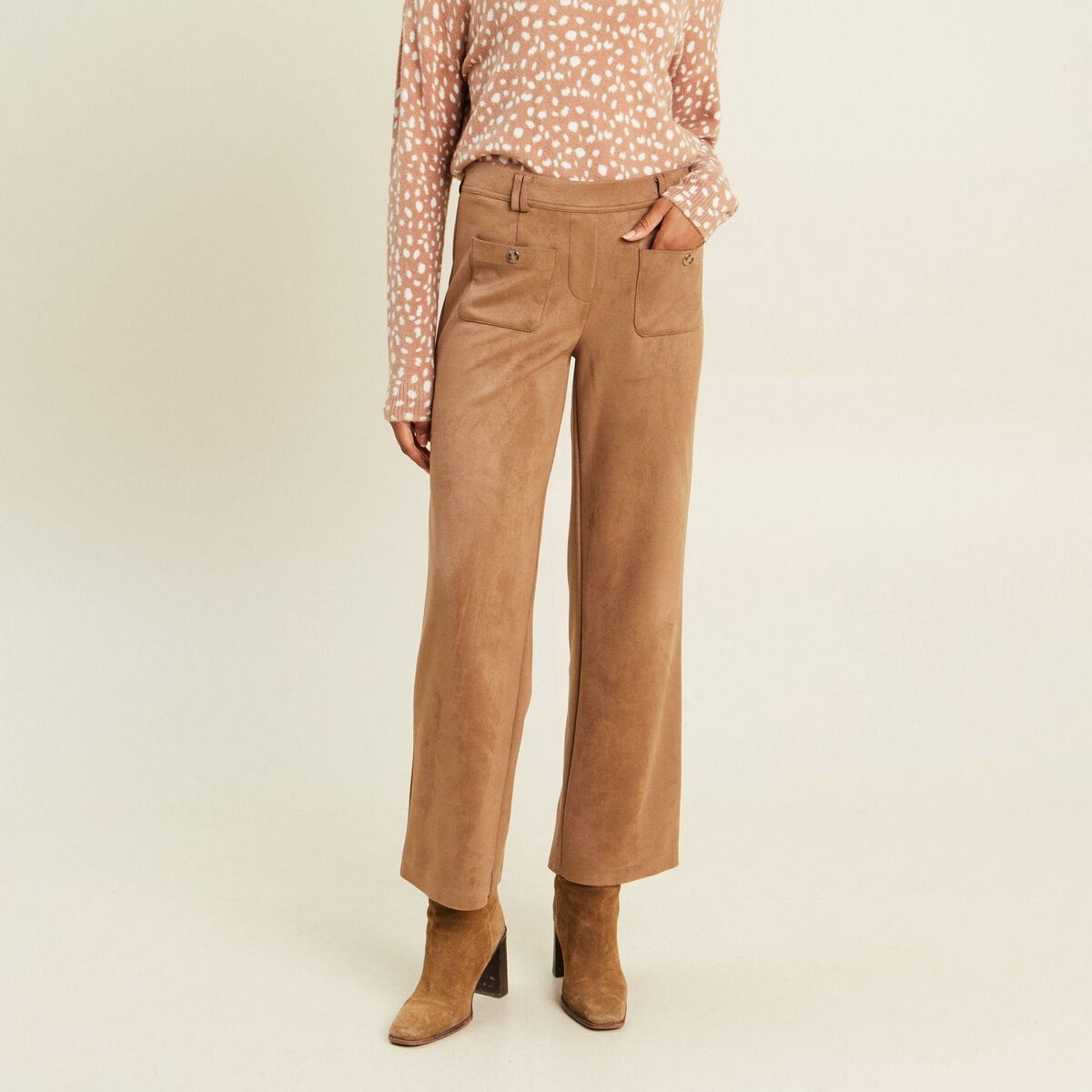 Pantalon aspect daim marron femme