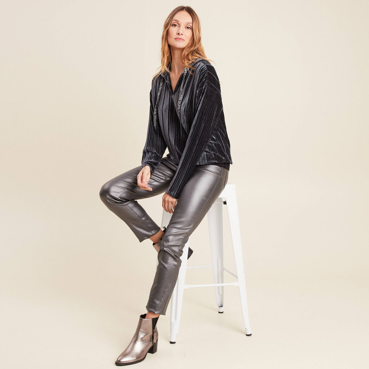 Sweat manches longues pliss&eacute; gris argent femme