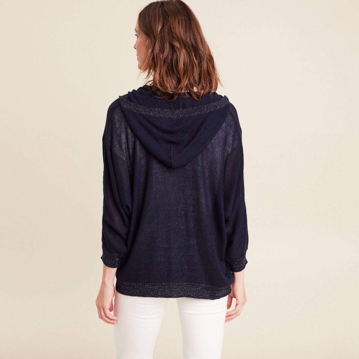 gilet droit mi-long à capuche bleu marine femme
