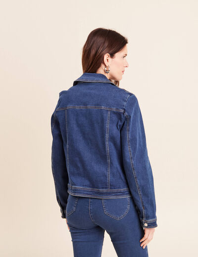 Veste ajust&eacute;e en jean col biker denim stone femme