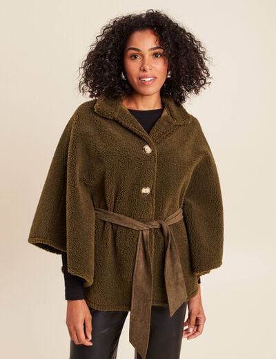 Poncho boutonn&eacute; ceintur&eacute; vert kaki femme