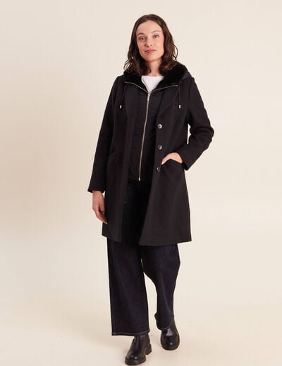 Manteau ajust&eacute; capuche amovible noir femme