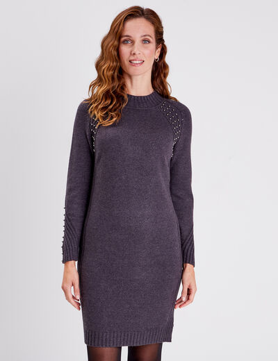 Robe pull droite avec perles gris foncé femme