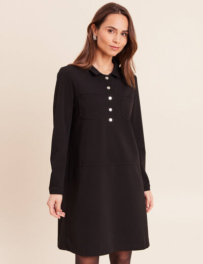 Robe droite courte en maille col chemise noir femme