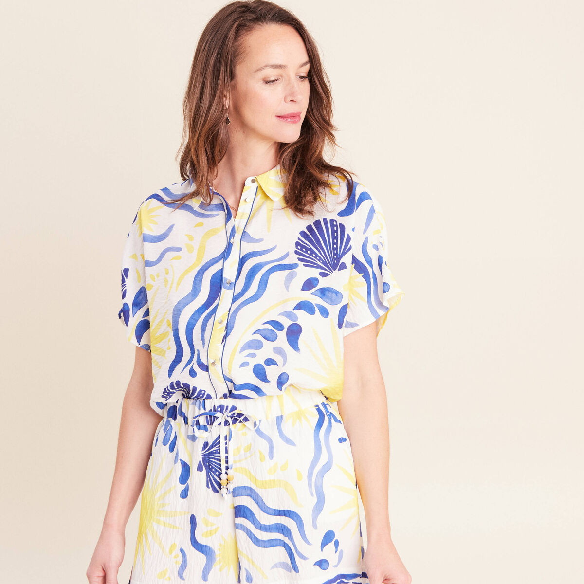 Chemise fluide manches courtes bleu femme