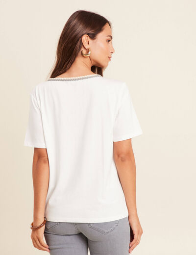 T-shirt col rond manches coudes tressé ecru femme