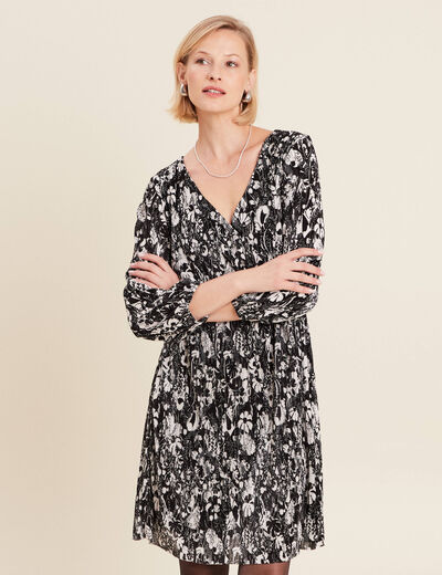 Robe évasée plissée noir femme
