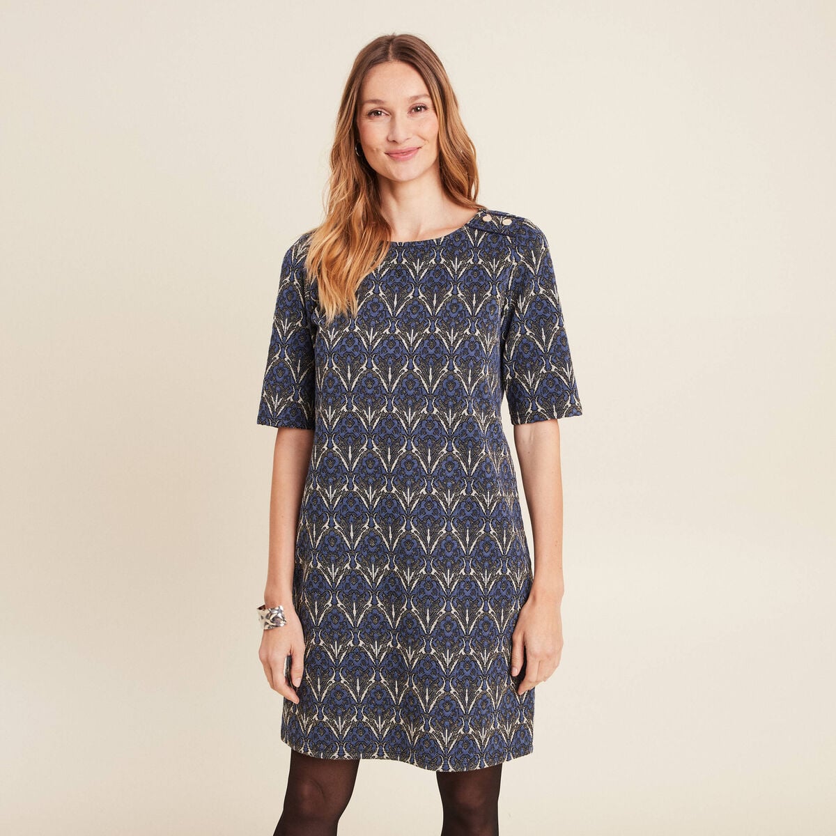 Robe droite manches 3/4 bleu femme