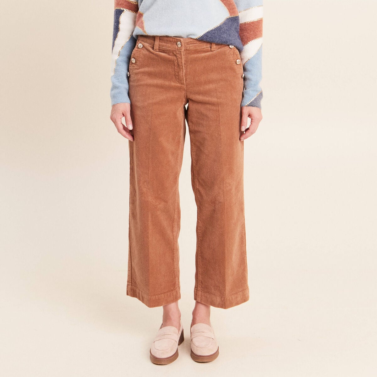 Pantalon large velours c&ocirc;tel&eacute; marron femme