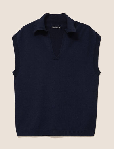 Pull sans manches col chemise bleu foncé femme